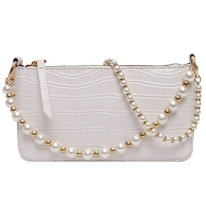 Women’s Crocodile Pattern Shoulder Bag with Pearls Strap